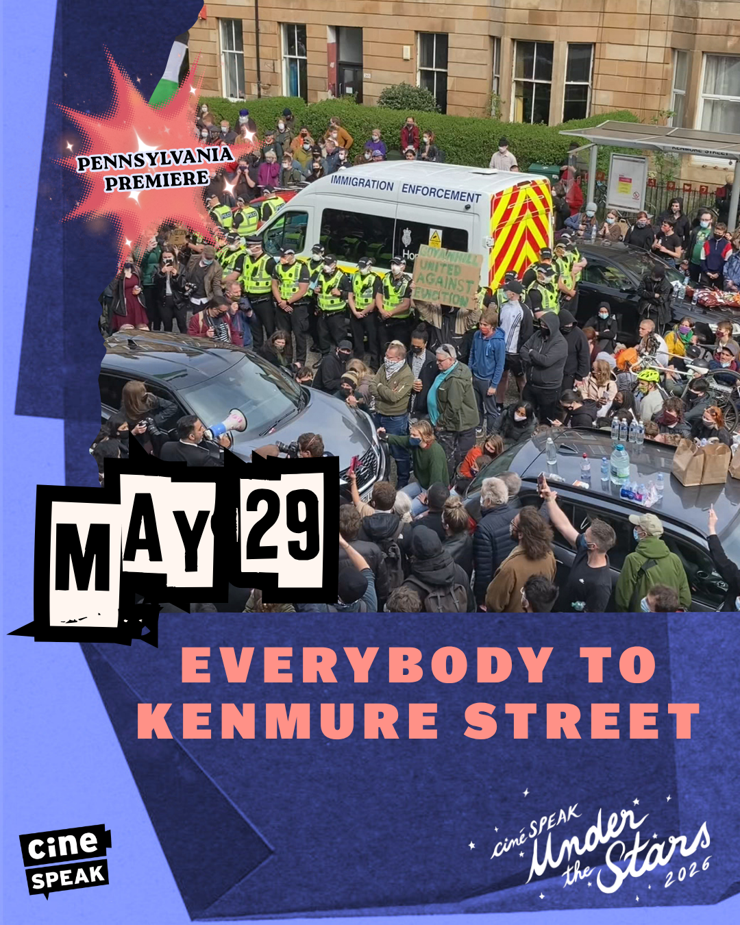 Poster-style collage announcing a street protest at Kenmure Street, featuring a crowd and a police van, with bold text reading 'May 29' and 'Everybody to Kenmure Street', plus logos in the corners.